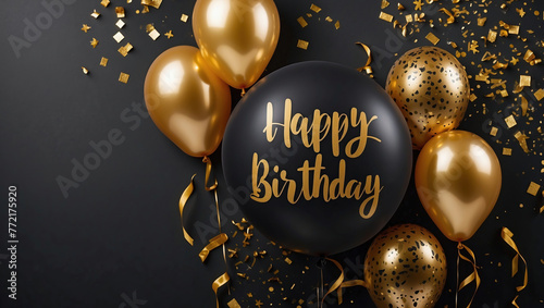 Wallpaper Mural Elegant Black and Gold Happy Birthday Balloons with Confetti – Festive Celebration Background - Copy Space Torontodigital.ca