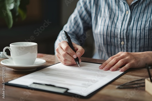 close up Woman signs contract document for car insurance or sale