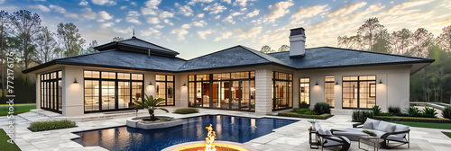 Luxury Home at Dusk: A Modern Estate Amidst Lush Greenery, Reflecting the Opulence and Comfort of Suburban Elegance