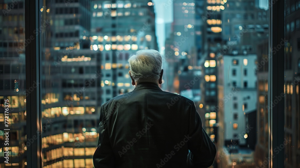 Senior businessman in office gazing towards urban skyline and skyscrapers with determination and ambition Senior businessman in office gazing towards urban skyline and skyscrapers with determination and ambition