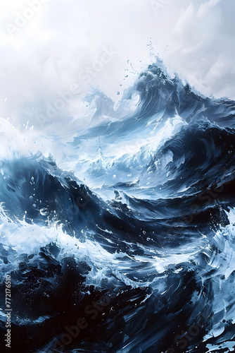Captivating Watercolor Seascape:Crashing Waves Amid Glacial Tones and Minimalist Elegance