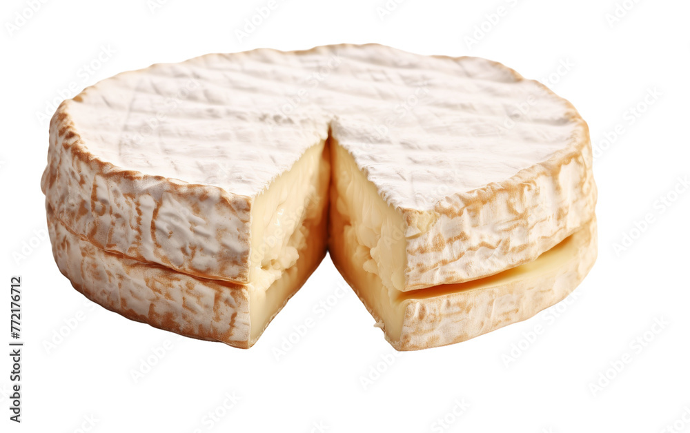 A piece of cheese has been expertly cut in half, revealing its creamy interior A piece of cheese has been expertly cut in half, revealing its creamy interior