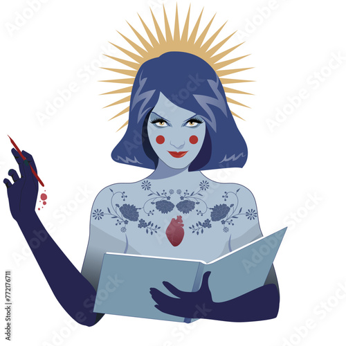 Esoteric Inspired Vector Illustration of a Young Tatooed Woman Embodying Literary Inspiration, Isolated on White Background. Symbolic Image of Calliope, Muse of Epic Poetry and Eloquence.