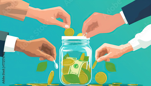 Savings Strategy: Visualize the prudent financial strategy of setting aside funds for emergencies using a vector image of business professionals depositing money into an emergency fund jar photo