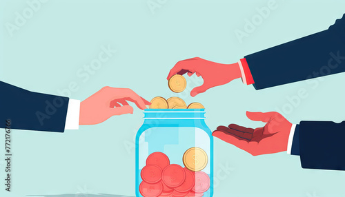 Savings Strategy: Visualize the prudent financial strategy of setting aside funds for emergencies using a vector image of business professionals depositing money into an emergency fund jar photo