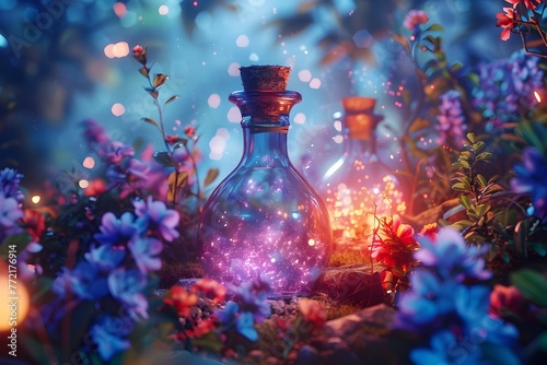 Enchanting Potion Bottles Glowing Amidst Summer Solstice Botanicals in Vibrant Cinematic Backdrop