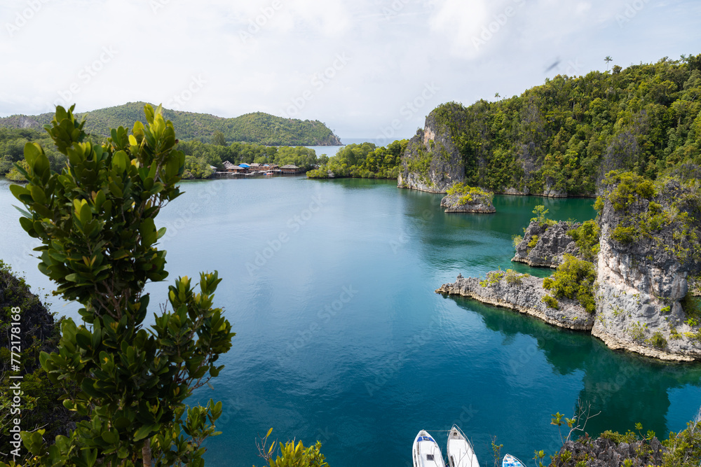 Fototapeta premium Picturesque lagoon with bright blue water and lush vegetation, Raja Ampat, Papua, Indonesia