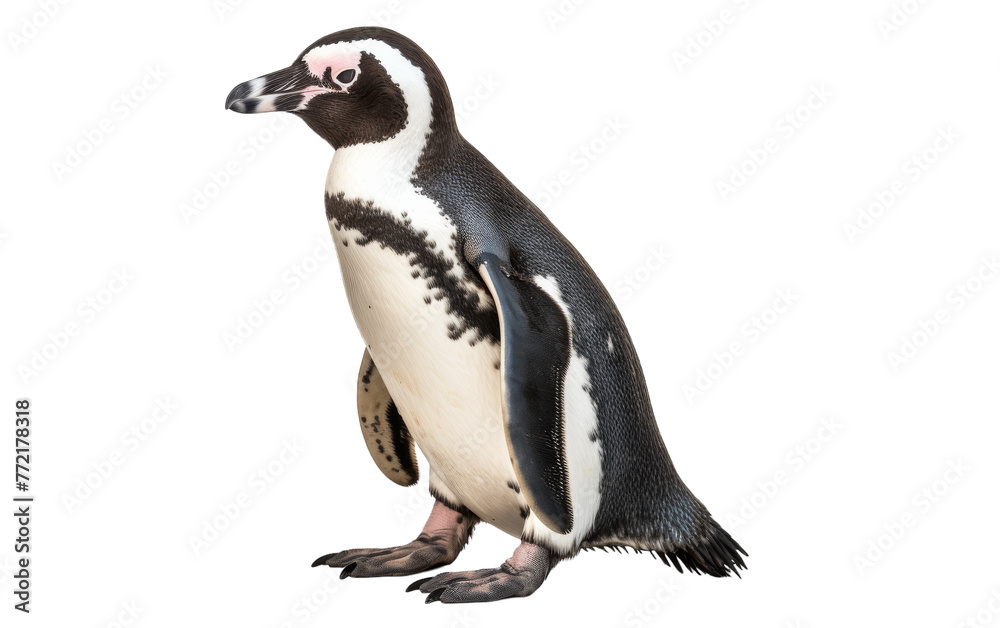 Fototapeta premium A penguin stands gracefully on its hind legs, defying gravity with elegance