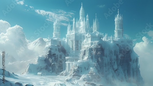 Majestic Frozen Kingdom's Ethereal Castle Towers Adorned with Regal Elegance and Luxurious Details