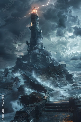 Majestic Lighthouse Guiding Through Tumultuous Tempest at Mysterious Ancient Temple Atop Rugged Cliffs