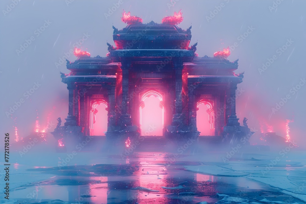 Majestic Sacred Temple Amid Frozen Kingdom's Blizzard - Neon Brights,Vivid Colors,and Cinematic Visuals