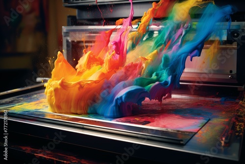 Artistic Printer color splashes paints. Dry element. Generate Ai