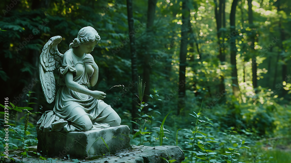 A statue of an angel is sitting on a rock in a forest. Generative Ai