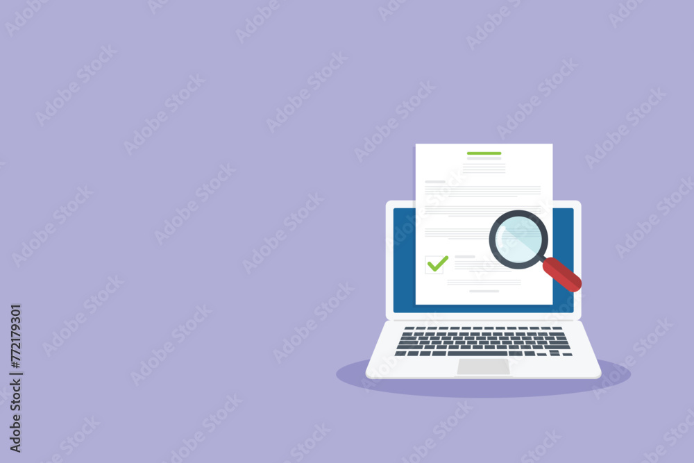 Online digital document inspection or assessment evaluation on laptop computer, contract review, analysis, inspection of agreement contract, compliance verification. Vector illustration Online digital document inspection or assessment evaluation on laptop computer, contract review, analysis, inspection of agreement contract, compliance verification. Vector illustration