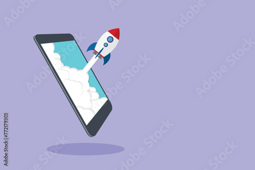 App launch. Startup vector concept, flat cartoon rocket or rocketship launch, mobile phone or smartphone, idea of successful business project start up, boost technology, innovation.