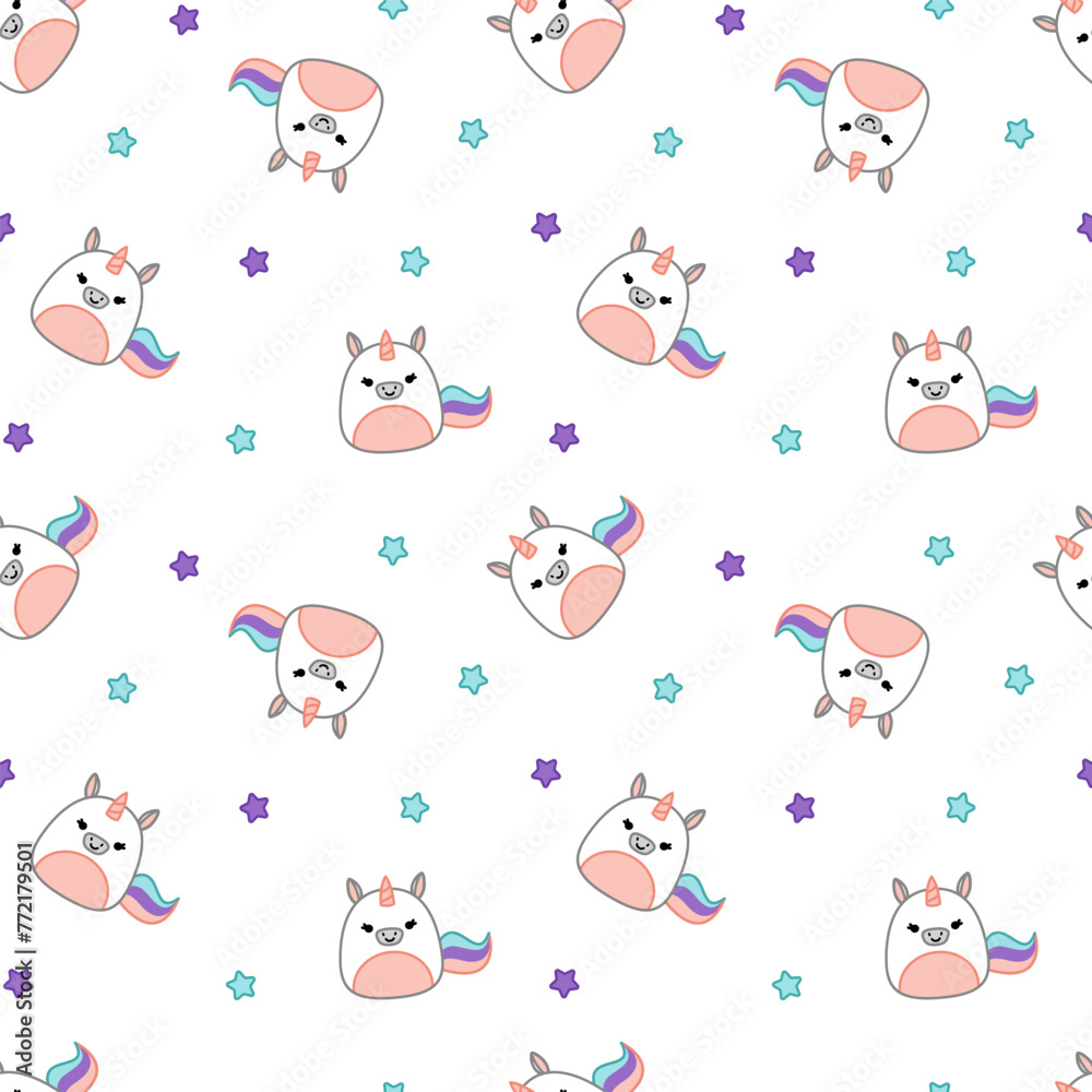 Unicorns and stars on seamless pattern. Squishmallow. Unicorn and star. Kawaii, Vector