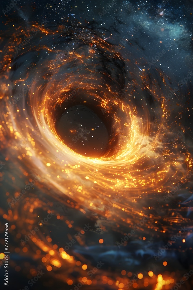 Supermassive Black Hole Vortex Enveloped in a Cosmic Citrus Burst of Vivid Yellows,Oranges,and Greens in a 3D Rendered