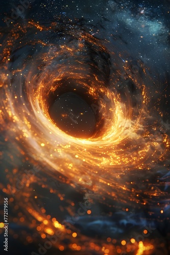 Supermassive Black Hole Vortex Enveloped in a Cosmic Citrus Burst of Vivid Yellows,Oranges,and Greens in a 3D Rendered