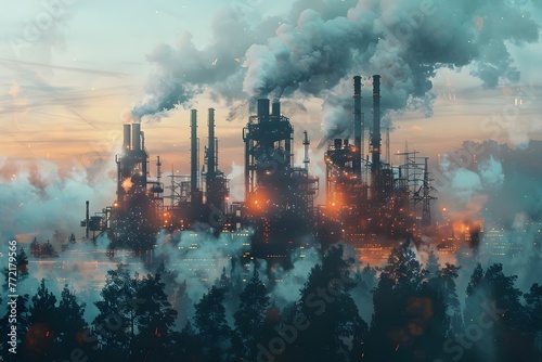 Surreal Futuristic Industrial Landscape with Towering Carbon-Emitting Factories and Billowing Smoke at Sunset
