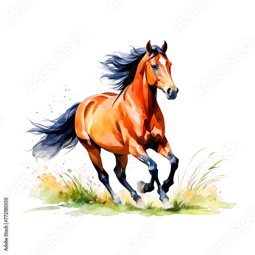 Horse trotting in pasture, horse running in field, watercolor illustration, wild animal, clipart for designing, posters, t-shirt design, animal lover, wall arts, cutout on white background, farm © Art Resources