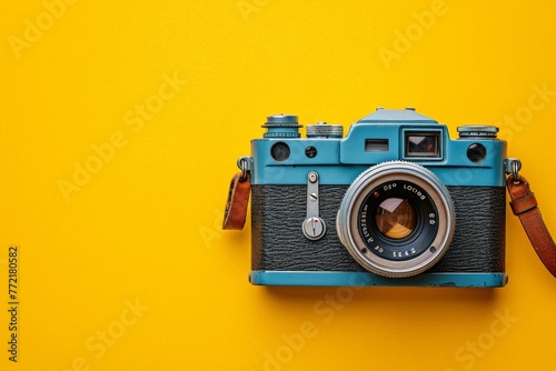 Vintage Camera on Vibrant Yellow Background, Flat Lay Top View Photography Equipment Still Life Concept