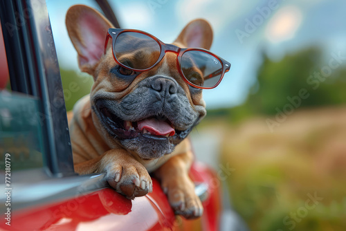 A cute French Bulldog wearing sunglasses and smiling, sitting on the hood of an old red car in a field of wildflowers. Created with Ai