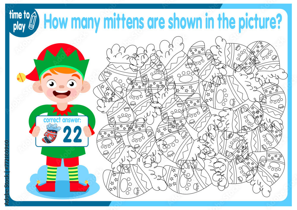 Count how many mittens are hidden in the picture. How many objects are there in the picture? Educational game for children. Colorful cartoon characters. Funny vector illustration.