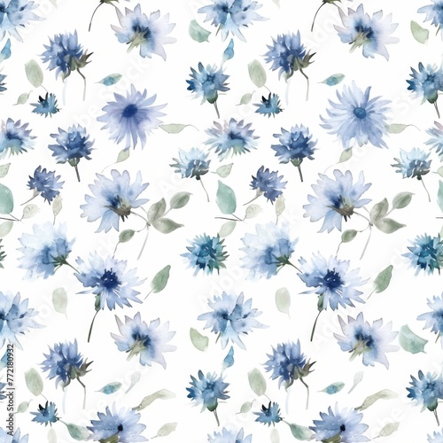 A gentle watercolor seamless pattern, showcasing soft blue cornflowers interspersed with delicate leaves, evoking a peaceful and airy feel.