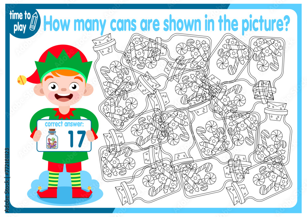 Count how many cans are hidden in the picture. How many objects are there in the picture? Educational game for children. Colorful cartoon characters. Funny vector illustration. Count how many cans are hidden in the picture. How many objects are there in the picture? Educational game for children. Colorful cartoon characters. Funny vector illustration.