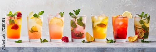 Assorted Colorful and Refreshing Summer Beverages Displayed on a Table for Enjoyment,Relaxation,and Social Gathering