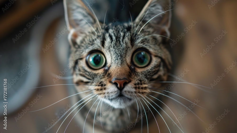 Captivating Close-up Portrait of a Curious and Attentive Tabby Kitten with Intense Green Eyes