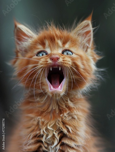 Captivating Close-up of a Curious and Expressive Domestic Kitten with Striking Facial Features and Open Mouth Expression