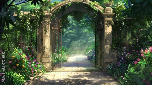 A welcoming garden gate beneath a floral archway leads to a sunlit path embraced by an array of stunning flowers and foliage. photo