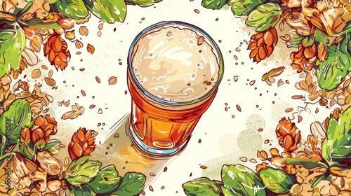 Vibrant illustration of a pint of craft beer, frothy head, surrounded by hops and barley, invoking the craft of brewing. photo