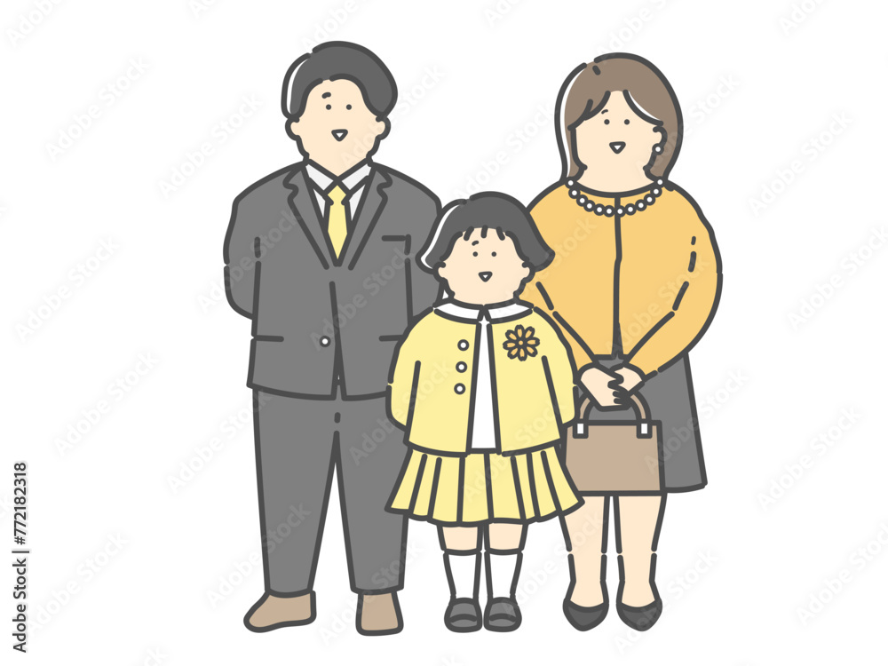 フォーマルな服装の若い夫婦と子供の家族イラスト（入園式　卒園式　入学式　卒業式）