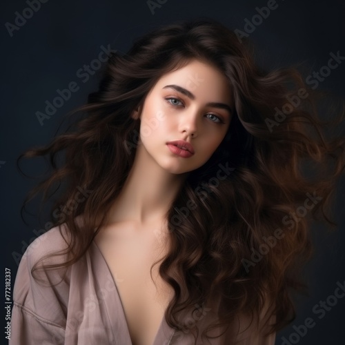  woman touch hair head dressed isolated on studio texture background