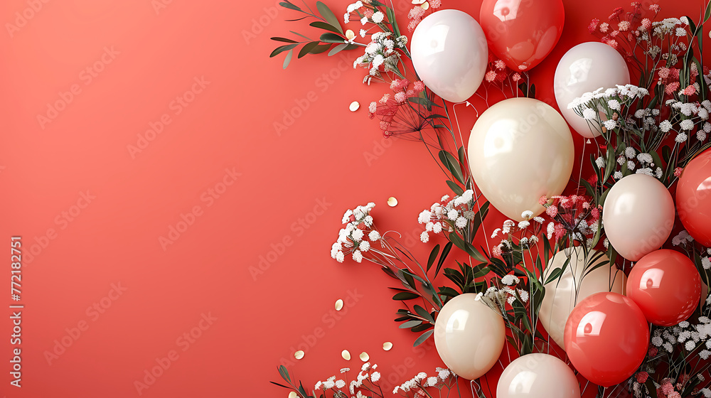 CloseUp Flowers and balloon Holiday concept Banner with place for text. Generative Ai CloseUp Flowers and balloon Holiday concept Banner with place for text. Generative Ai