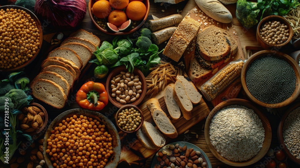 A table full of food including bread, vegetables, and nuts. Scene is healthy and inviting