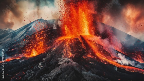 As dusk falls, the volcanic landscape is ignited by the fierce eruption, with crimson lava fountains and plumes of ash against a dimming sky, embodying nature's raw and untamed energy.