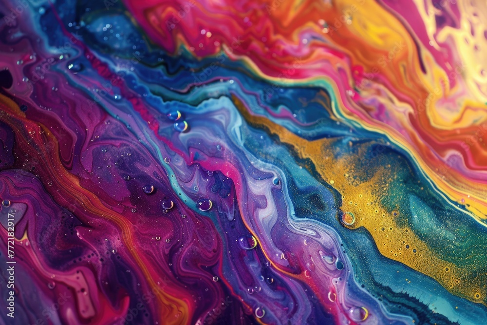 A colorful painting with a lot of water droplets on it. The painting has a lot of different colors and it looks like it's from a watercolor painting