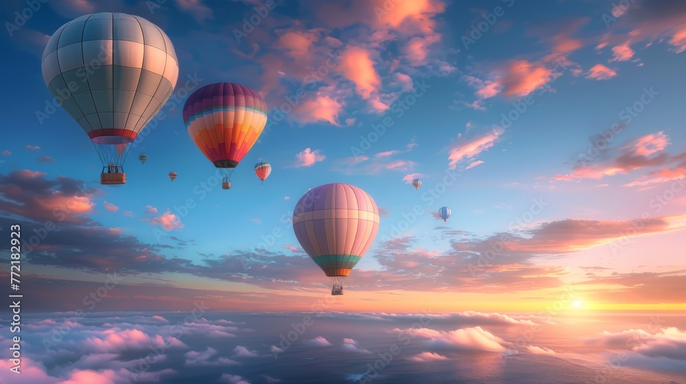 Colorful hot air balloons soar above a serene sea of clouds against a breathtaking sunset sky, evoking a sense of freedom and adventure. Colorful hot air balloons soar above a serene sea of clouds against a breathtaking sunset sky, evoking a sense of freedom and adventure.