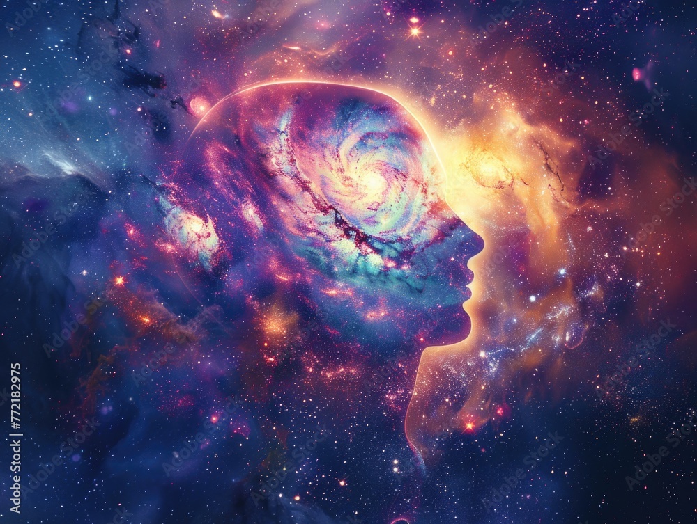 A colorful galaxy with a head in the middle. The galaxy is full of stars and planets, and the head is the only thing that stands out. Scene is mysterious and otherworldly A colorful galaxy with a head in the middle. The galaxy is full of stars and planets, and the head is the only thing that stands out. Scene is mysterious and otherworldly