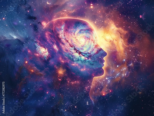 A colorful galaxy with a head in the middle. The galaxy is full of stars and planets, and the head is the only thing that stands out. Scene is mysterious and otherworldly