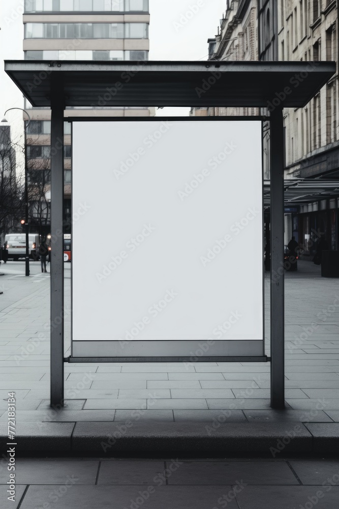 A large white sign is on a pole in front of a building. The sign is empty and has no writing on it A large white sign is on a pole in front of a building. The sign is empty and has no writing on it