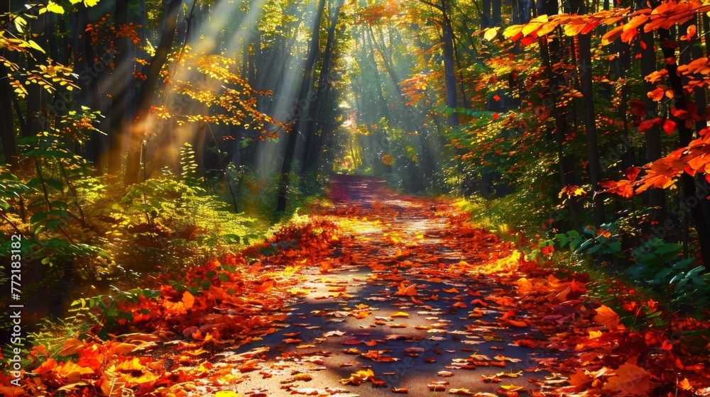 Sunrays pierce the canopy of an autumn forest, casting a golden glow over a leaf-strewn path, evoking the essence of fall.