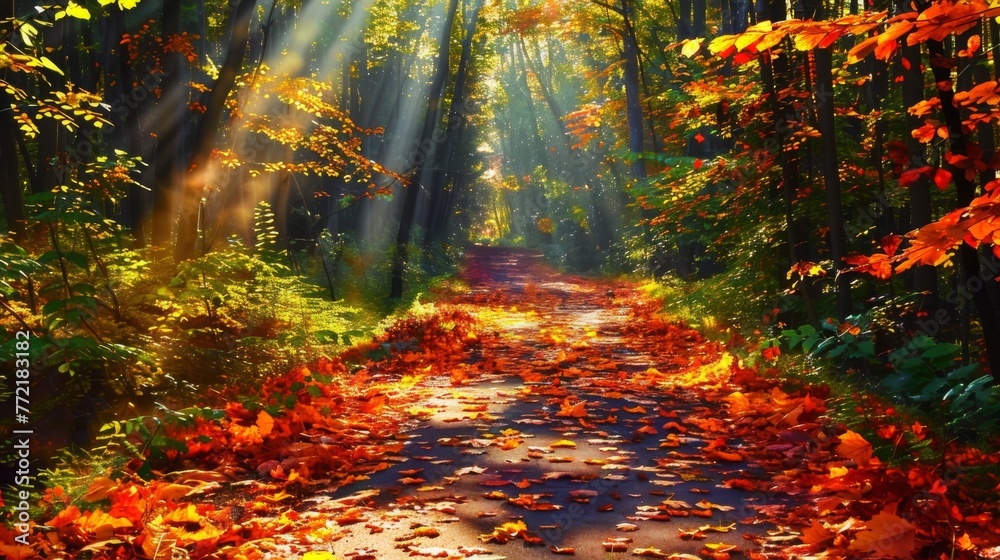 Fototapeta premium Sunrays pierce the canopy of an autumn forest, casting a golden glow over a leaf-strewn path, evoking the essence of fall.