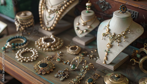 A table showcasing a variety of vintage jewelry pieces and accessories