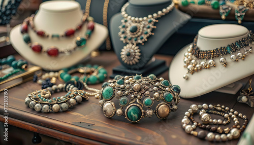 A table showcasing a variety of vintage jewelry pieces and accessories