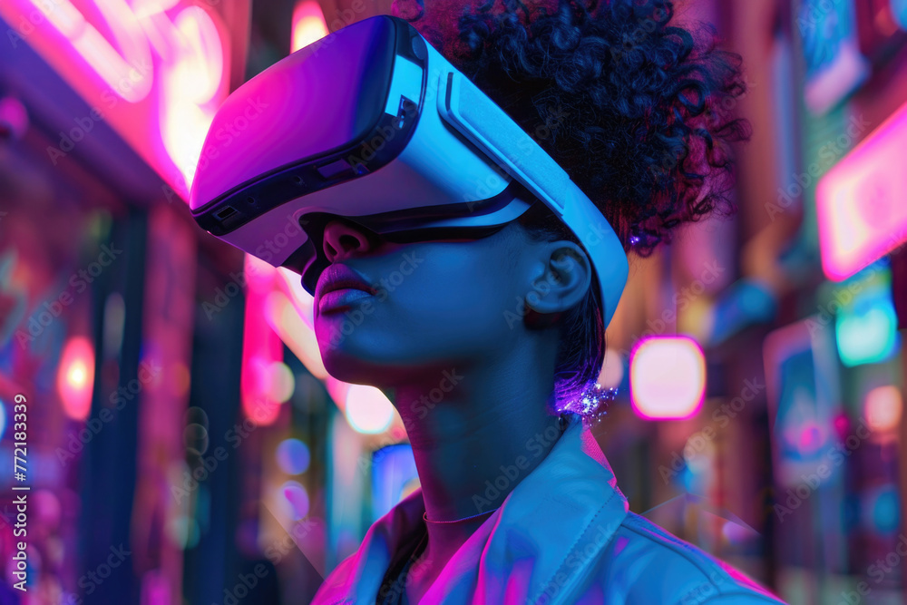 A woman wearing a virtual reality headset stands in front of a neon sign. The scene is set in a city at night, with bright lights and a futuristic atmosphere A woman wearing a virtual reality headset stands in front of a neon sign. The scene is set in a city at night, with bright lights and a futuristic atmosphere