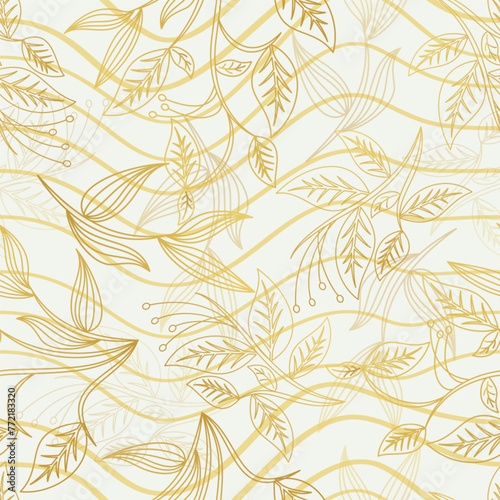 Gold Outline floral seamless pattern with leaves. tropical background 